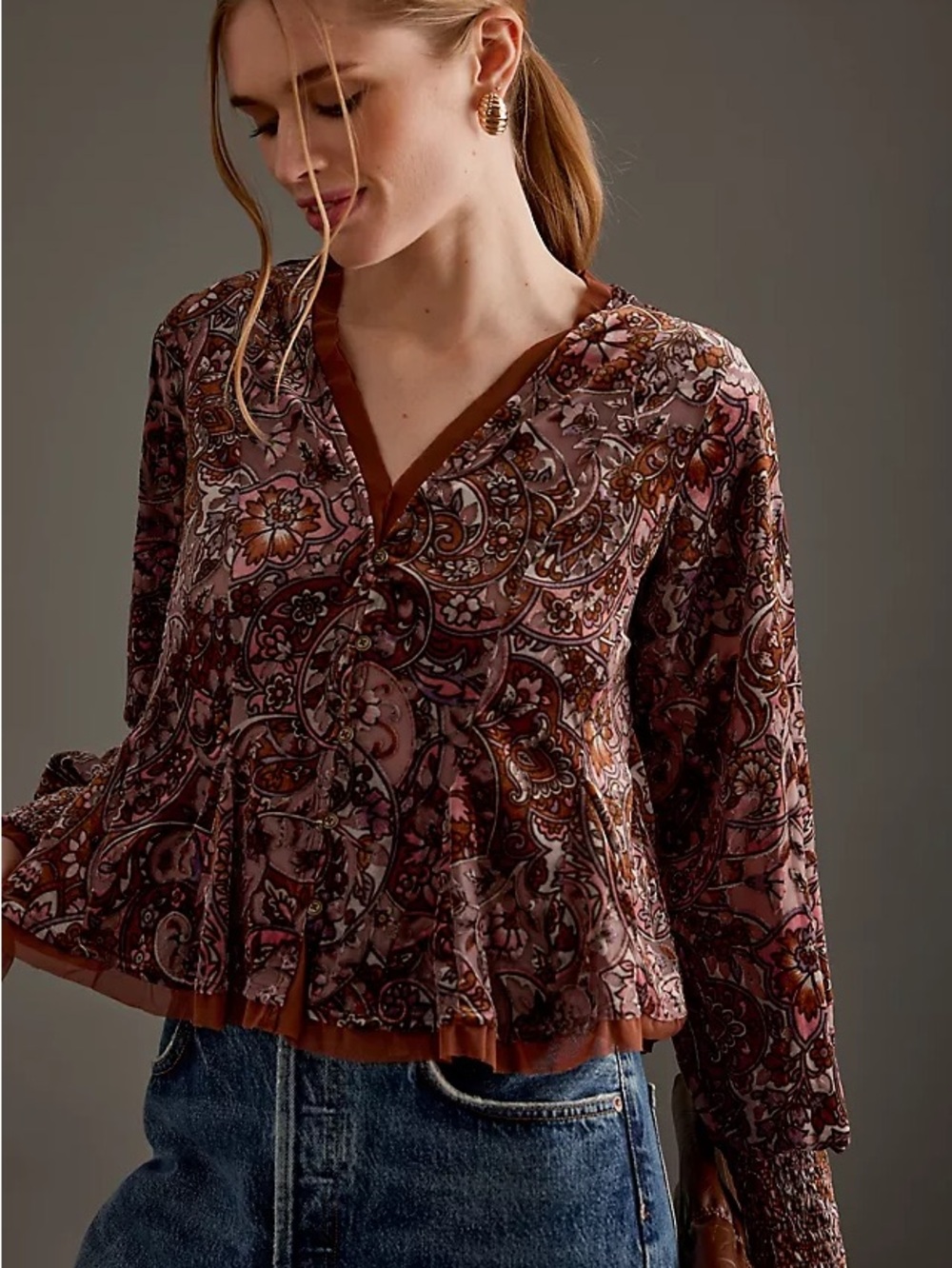 Women's Pink purple burgundy  Paisley V-Neck Long Sleeve Top boho fairy